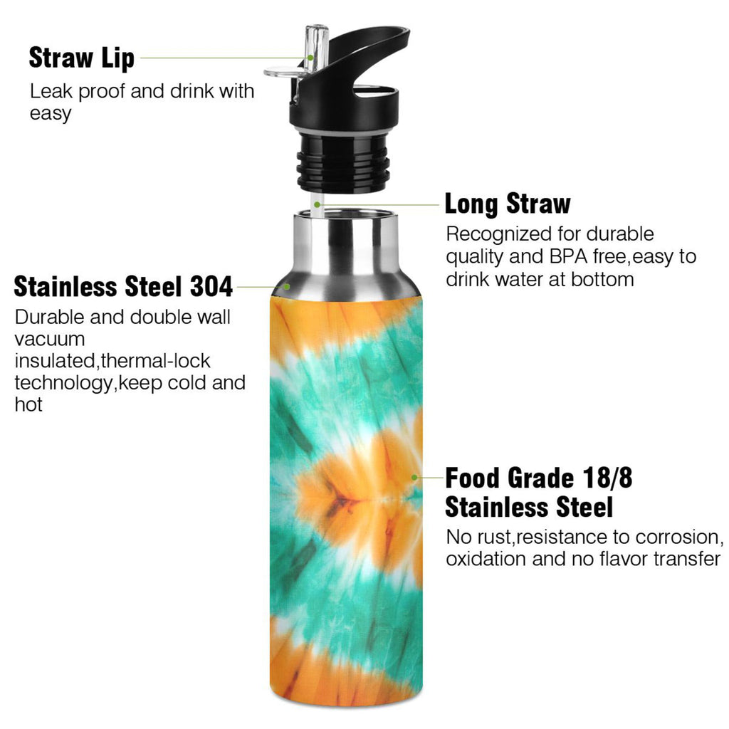 Tie Dye Orange Green 20 OZ Vacuum Insulated Stainless Steel Water Bottle with Straw Lid H359214