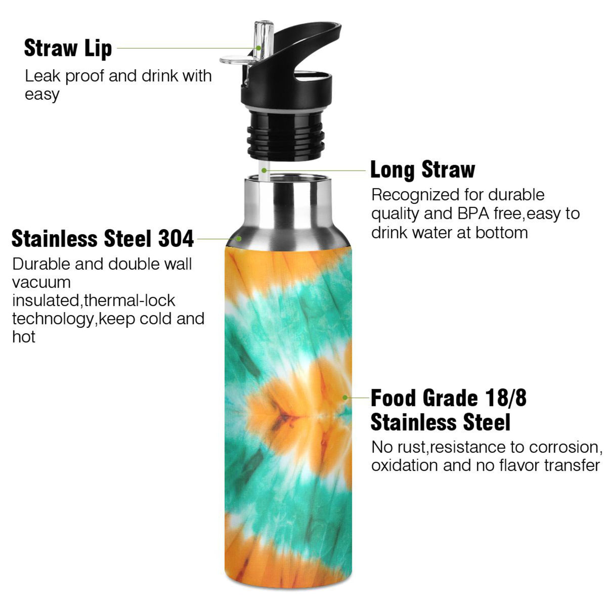 Tie Dye Orange Green 20 OZ Vacuum Insulated Stainless Steel Water Bottle with Straw Lid H359214