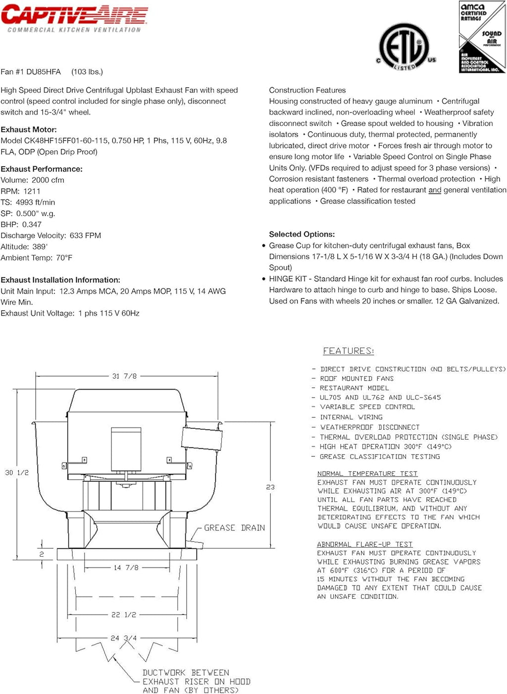 19 Fan Base Centrifugal Upblast Exhaust Fan with Speed Control K59710