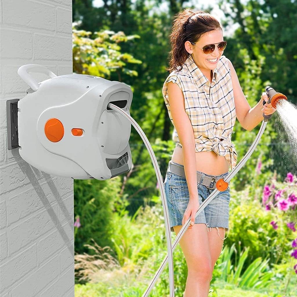 100 FT 1/2 Automatic Rewind Wall Mounted Hose Reel with 8 Patterns Hose Nozzles B42954