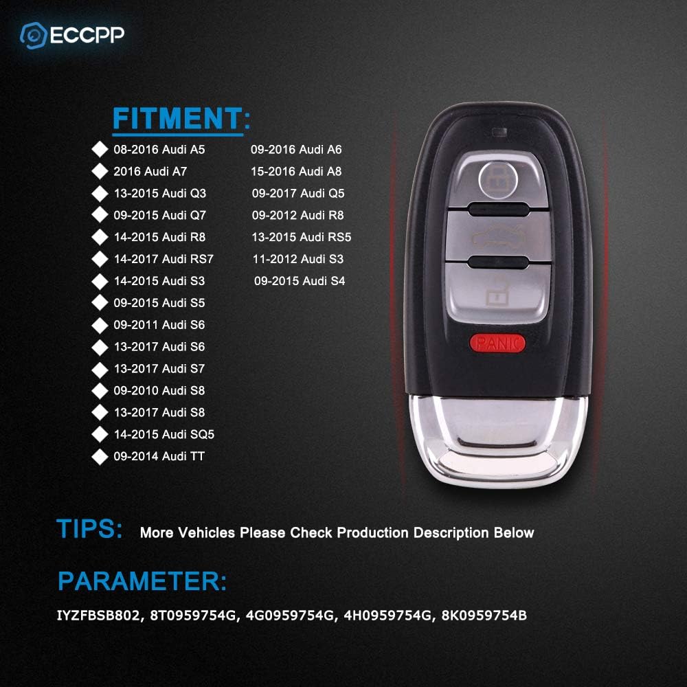 Replacement Keyless Entry Remote Key Fob for Audi Series (Pack of 1) N48723