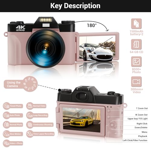 56MP 16X Digital Zoom WiFi 3'' 180° Flip Screen Compact Camera with 2 Batteries 64GB Micro SD Card (Black) T911