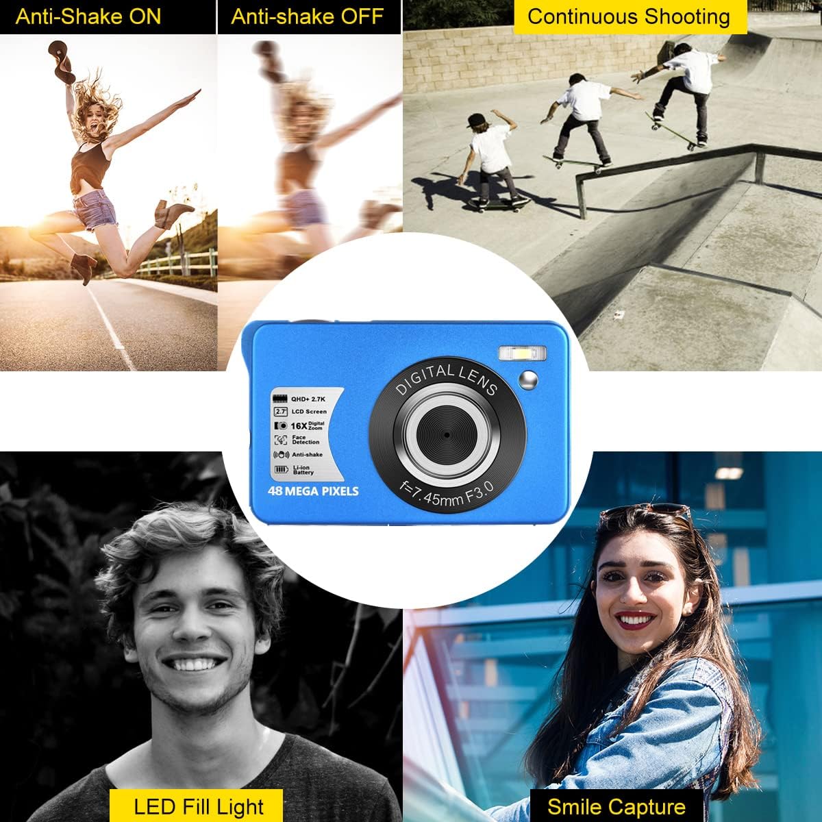 48MP Compact Digital Camera with 16X Digital Zoom, Blue, Pack of 2 Y8746