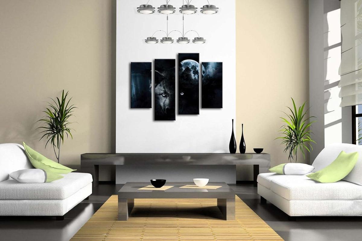 4 Panel Canvas Wall Art Black Wolf and Full Moon Painting R946
