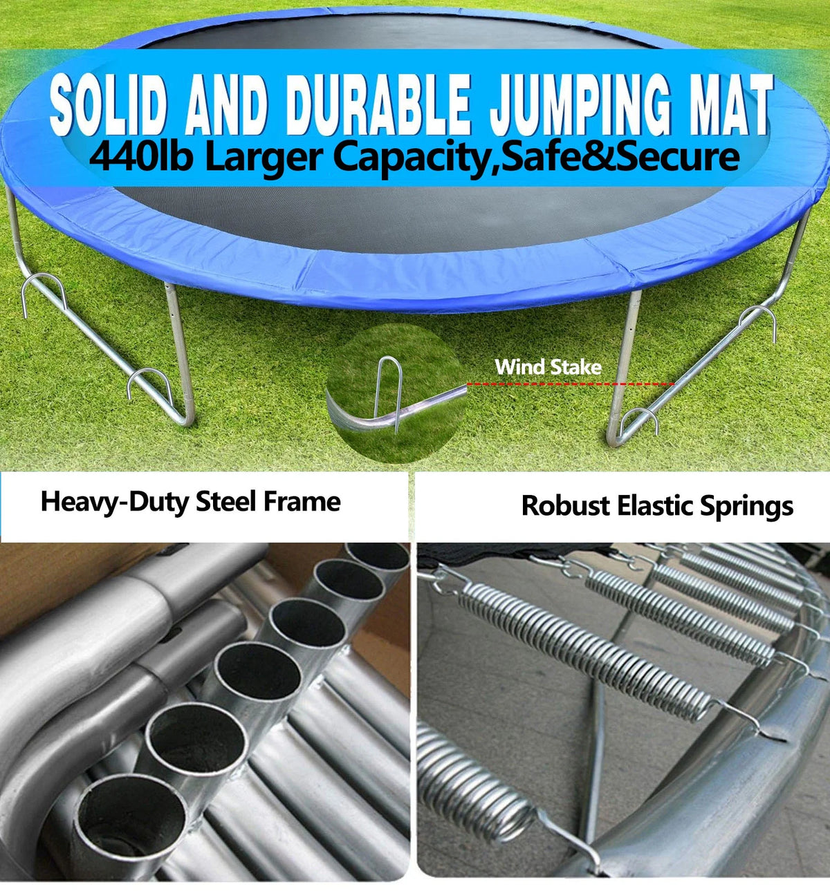 10 ft Trampoline with Enclosure and Wind Stakes, Blue W385