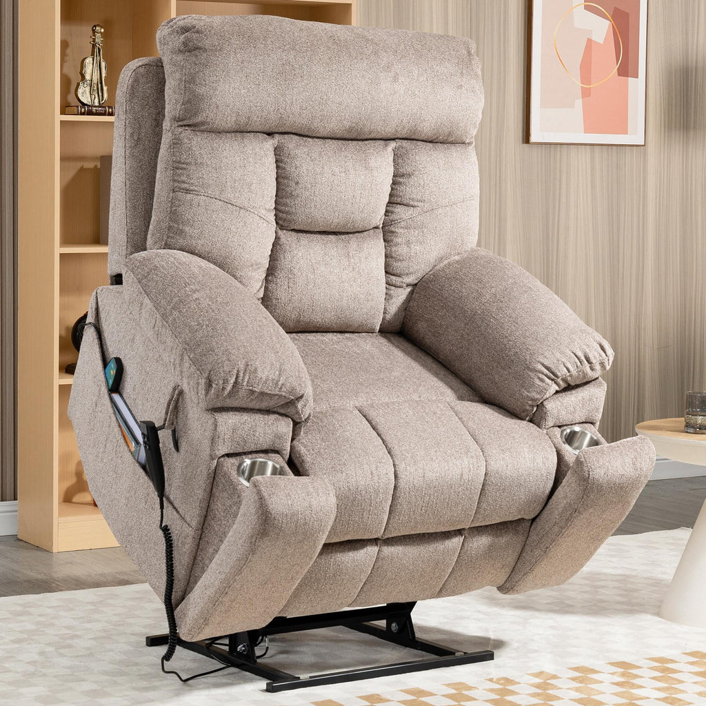 Electric Lift Recliner Chair with Heating and Massage, Fabric, Light Brown E13596