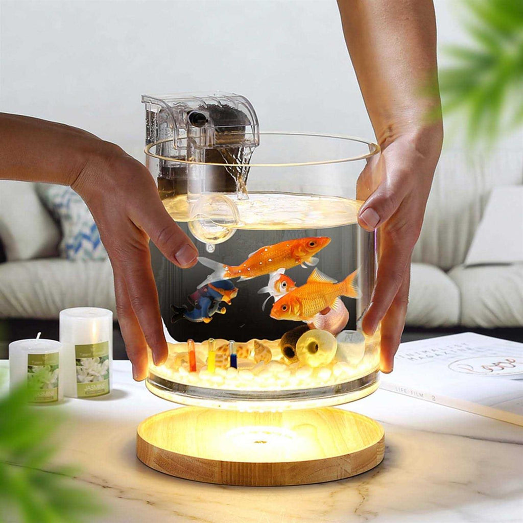 0.81-Gallon Cylindrical Fish Tank with Wooden Base LED Light Water Pump W292803