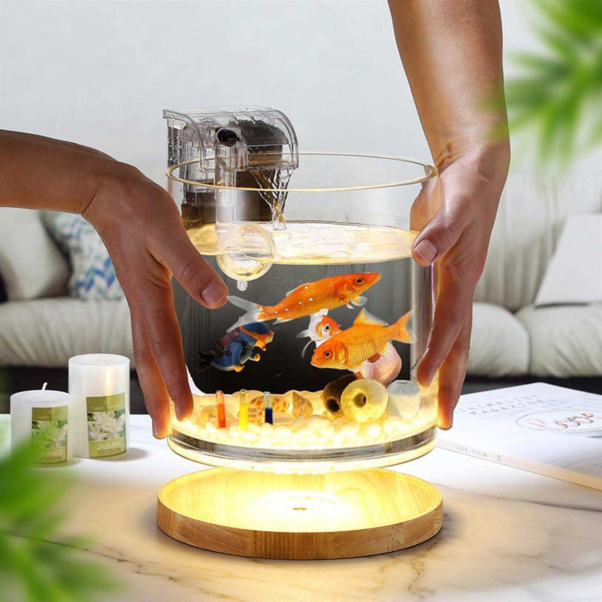 0.81-Gallon Cylindrical Fish Tank with Wooden Base LED Light Water Pump W292803