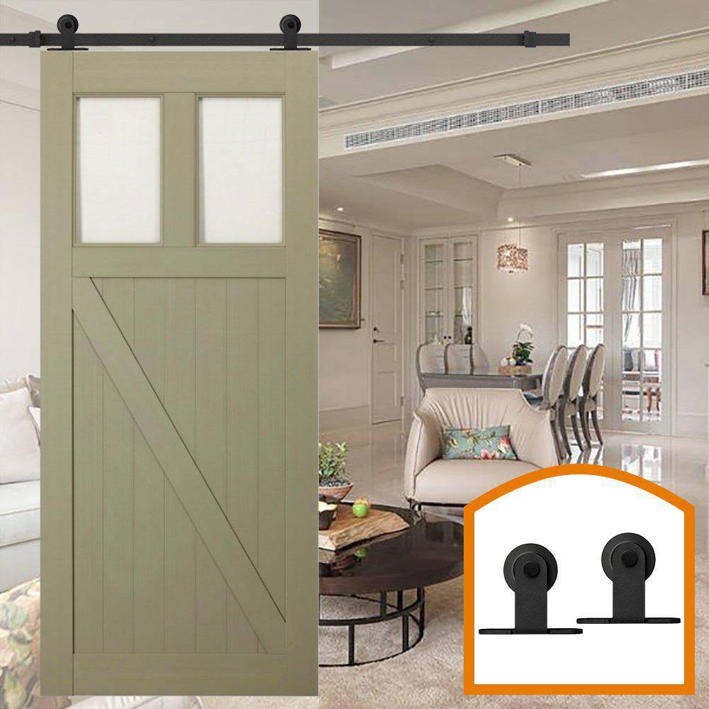 10 ft. Top Mount Sliding Barn Door Hardware Track Kit with Frosted Black Floor Guide C784