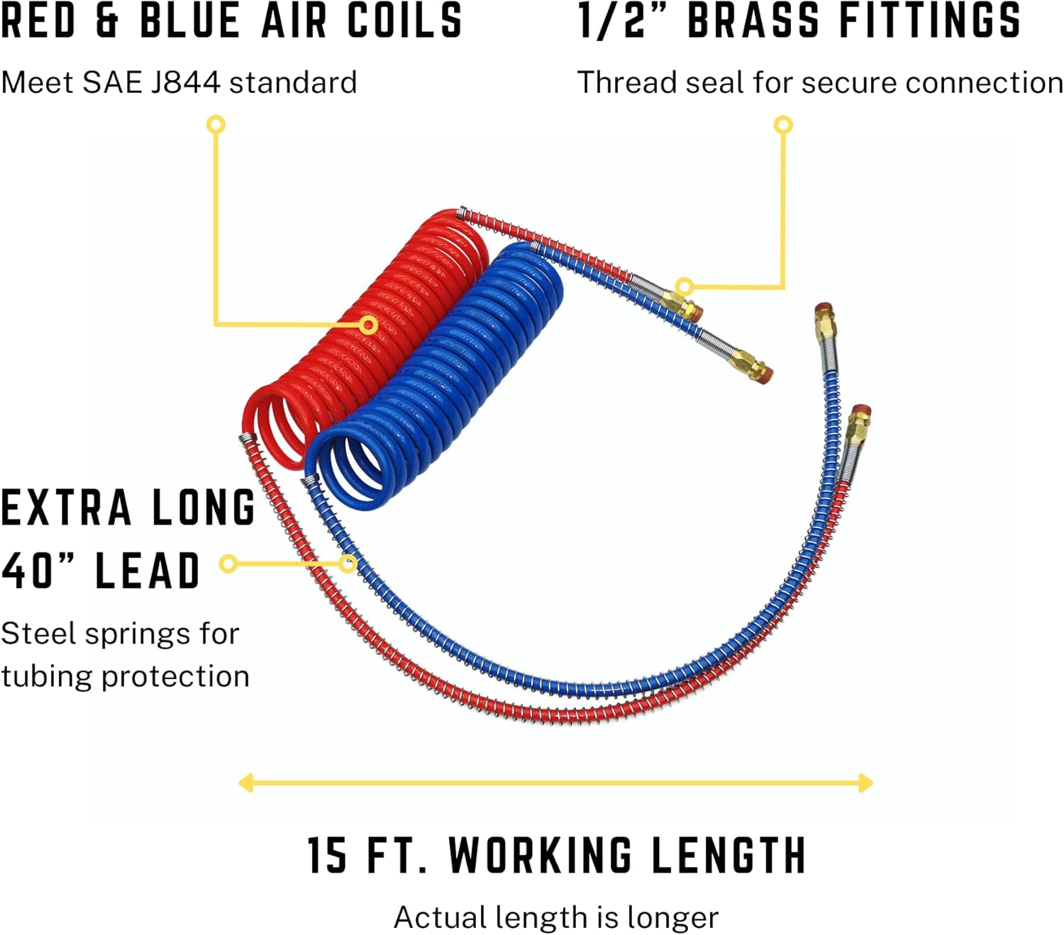 Red & Blue Coiled Air Brake Hoses with 12" & 40" Leads, Pack of 2 X4756