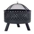 Black Red Round Steel Wood Burning Fire Pit with Spark Screen L32995