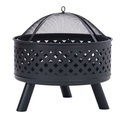 Black Red Round Steel Wood Burning Fire Pit with Spark Screen L32995