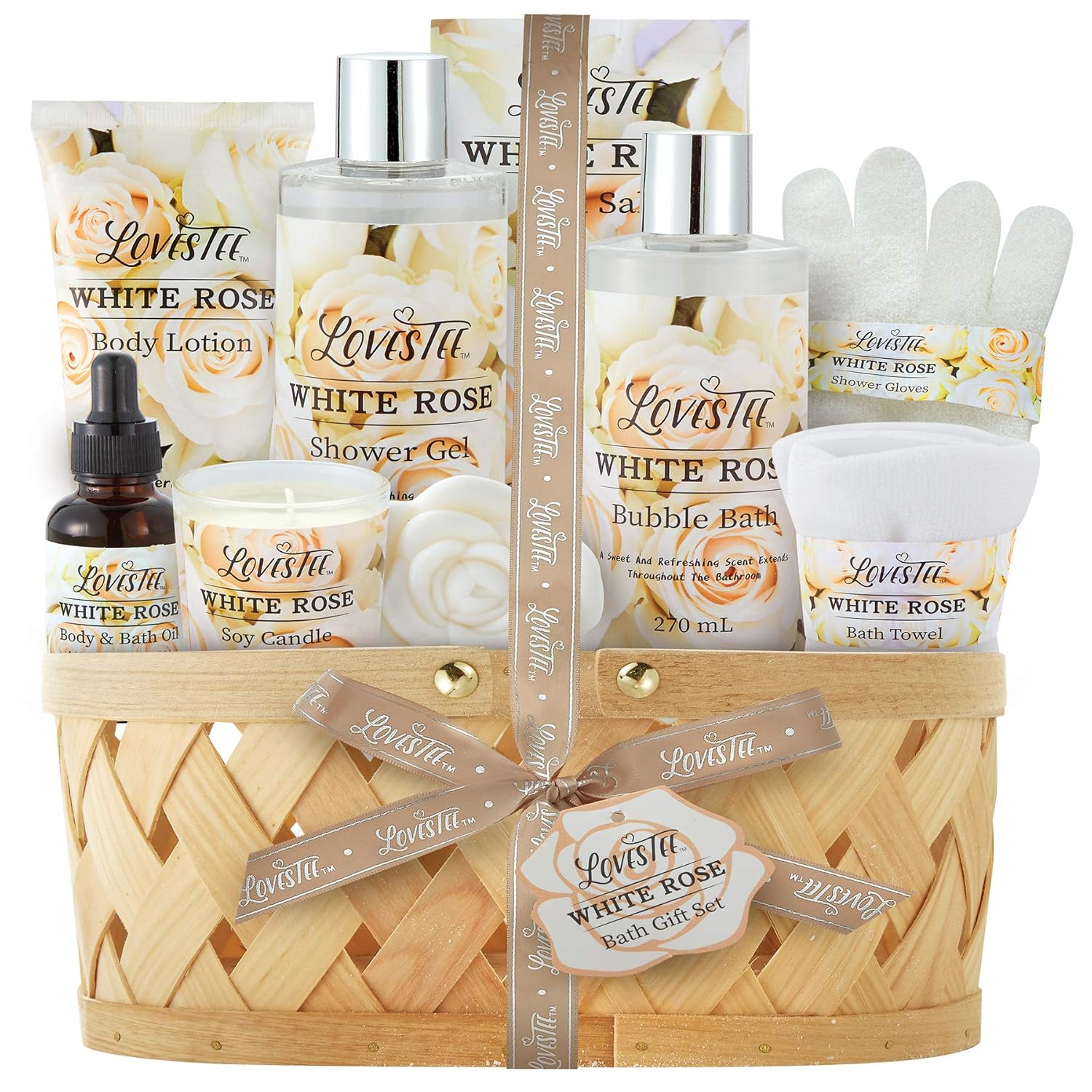 White Rose Set Body Lotion, Shower Gel, Bubble Bath, Bath Salt, Towel, Soap, Oil, Candle, Gloves N8448