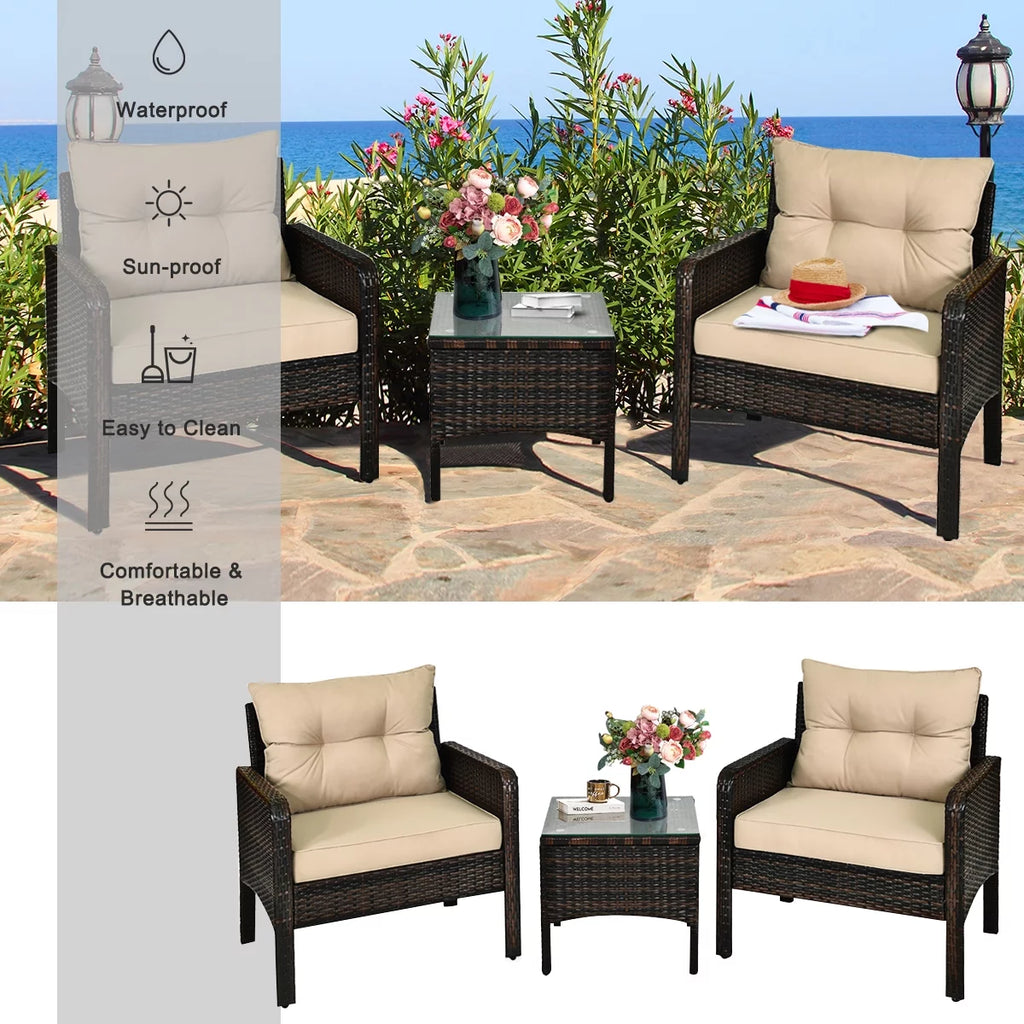 Brown 3PCS Patio Outdoor Rattan Furniture Set with Cushioned Chairs Coffee Table V26418