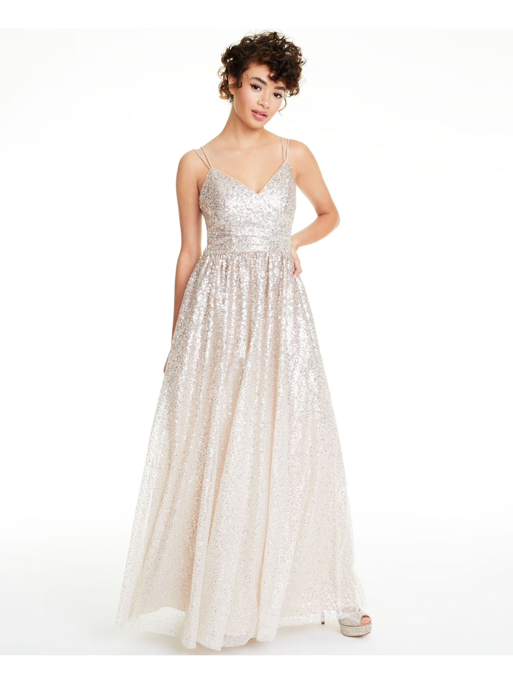 Beige Sequined Spaghetti Strap Evening Dress G562