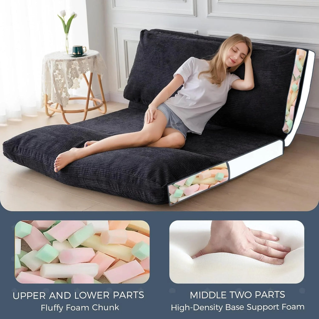 Black Corded Washable Bean Bag Bed Folding Sofa Bed Floor Mattress, 39x95 Inch P330124