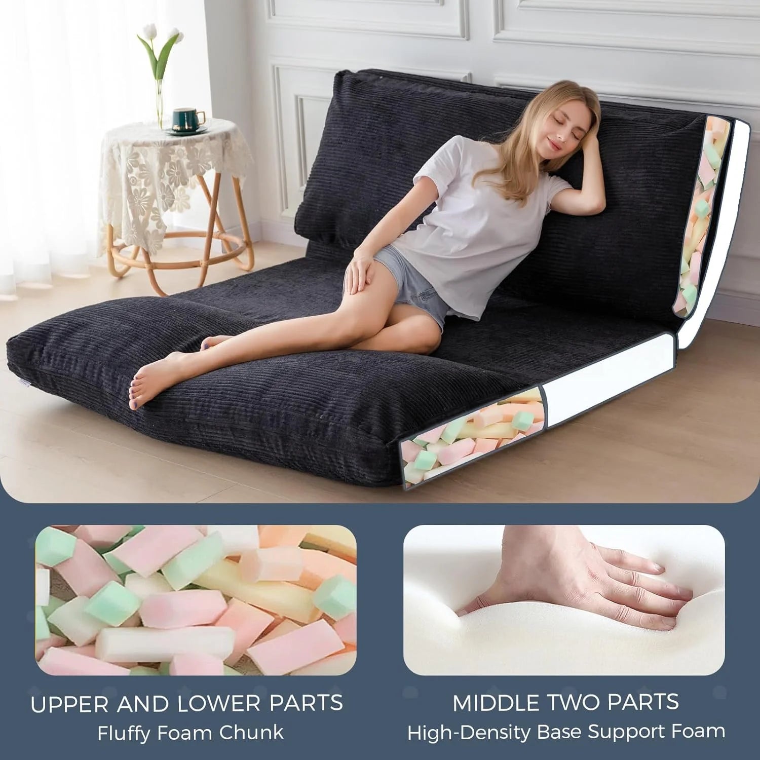 Black Corded Washable Bean Bag Bed Folding Sofa Bed Floor Mattress, 39x95 Inch P330124