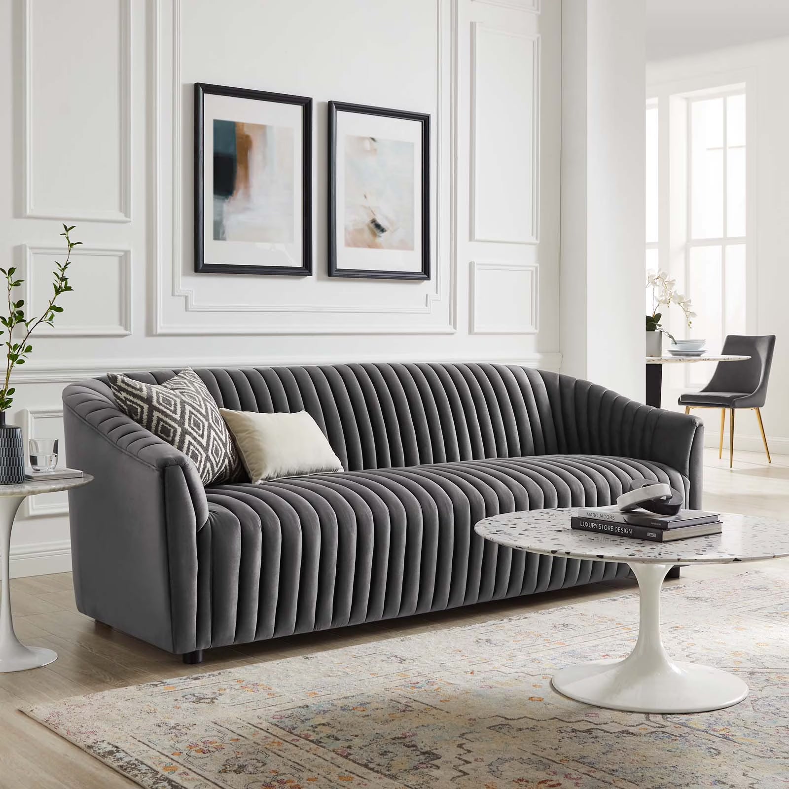 Charcoal Performance Velvet Channel Tufted Sofa F661
