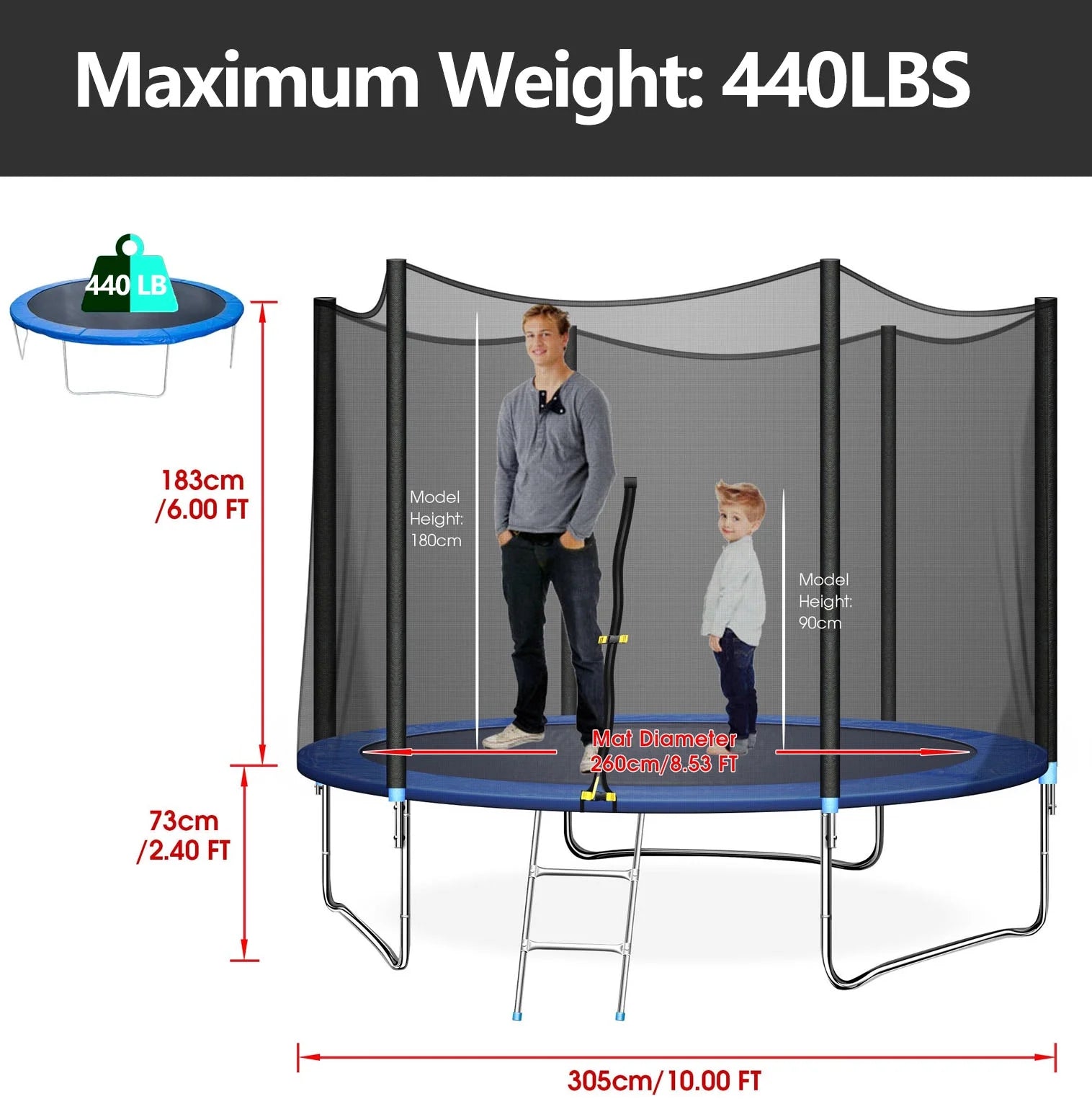 10 ft Trampoline with Enclosure and Wind Stakes, Blue W385
