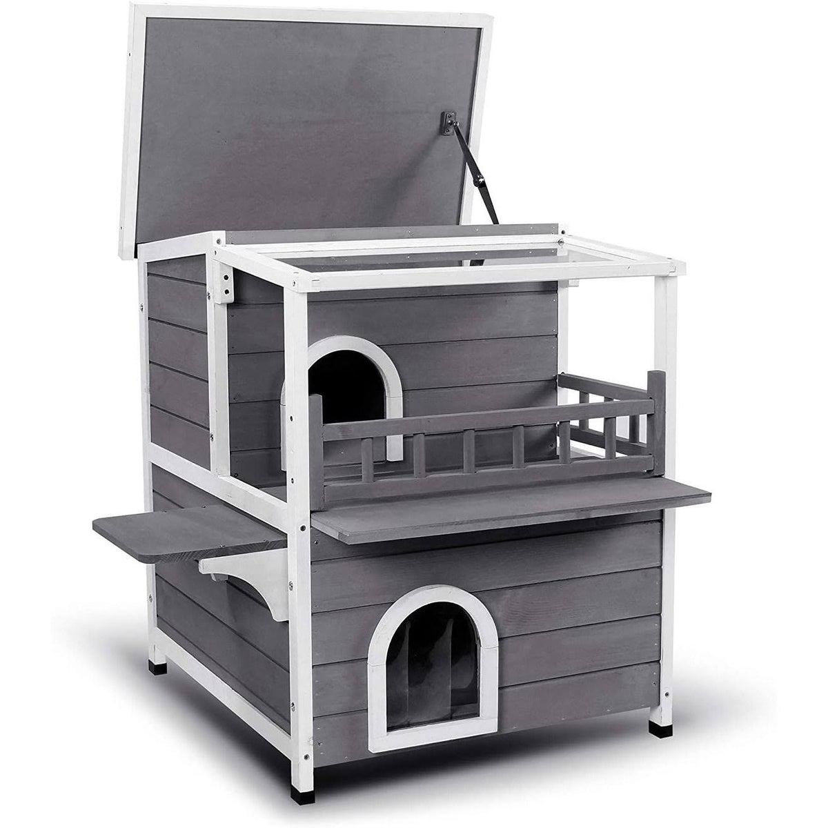 2-Story Weatherproof Wooden Cat Shelter House with Transparent PVC Canopy M53014