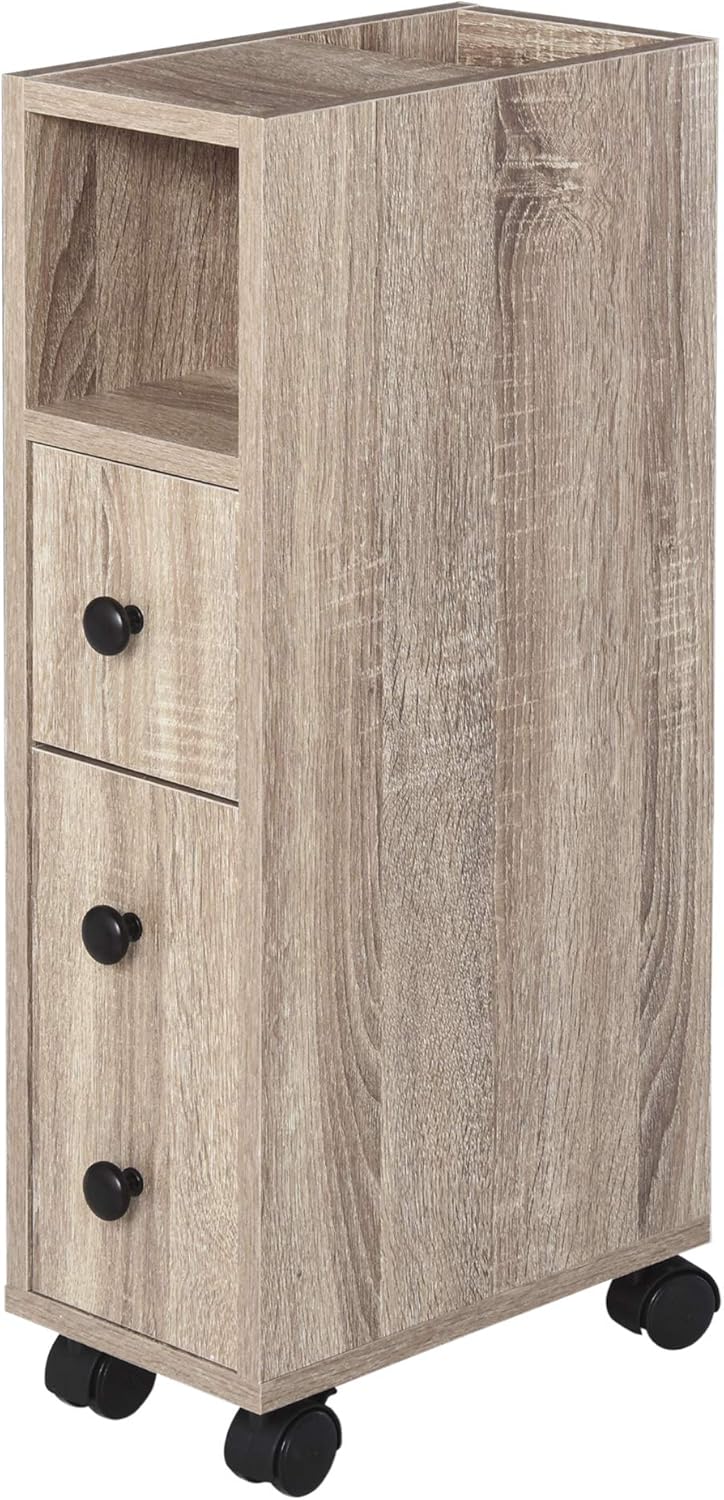 Oak Grain Freestanding Bathroom Cabinet with 2 Open Cabinets, 1 Door Cabinet, 1 Drawer and 4 Rolling Wheels S69703
