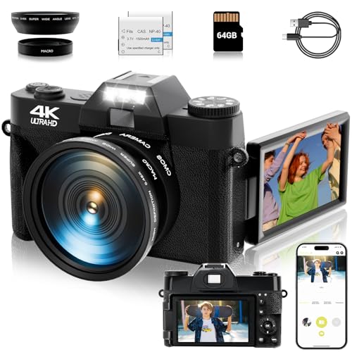 56MP 16X Digital Zoom WiFi 3'' 180° Flip Screen Compact Camera with 2 Batteries 64GB Micro SD Card (Black) T911