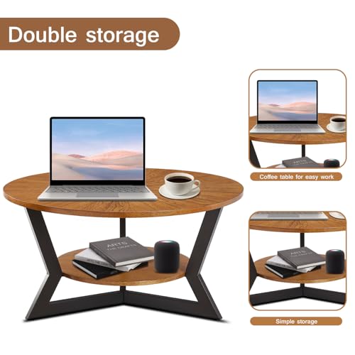 Round Wood Coffee Table with Storage Rack, 35 x 35 x 17 in U17395