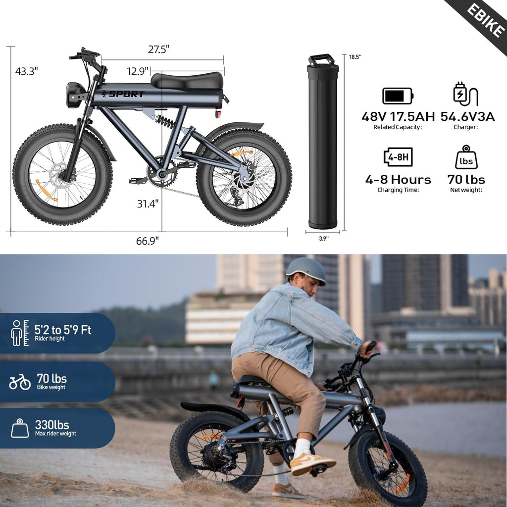 750W Electric Bike 20" Fat Tire Ebike Aluminum Frame 840Wh Removable Battery 7 Speed Full Suspension T338