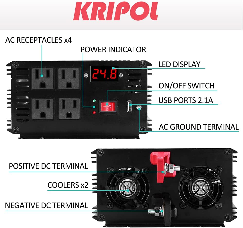 3000 Watt Pure Sine Wave Power Inverter 12V DC to 110V AC with 4 AC Outlets & USB Output J564531