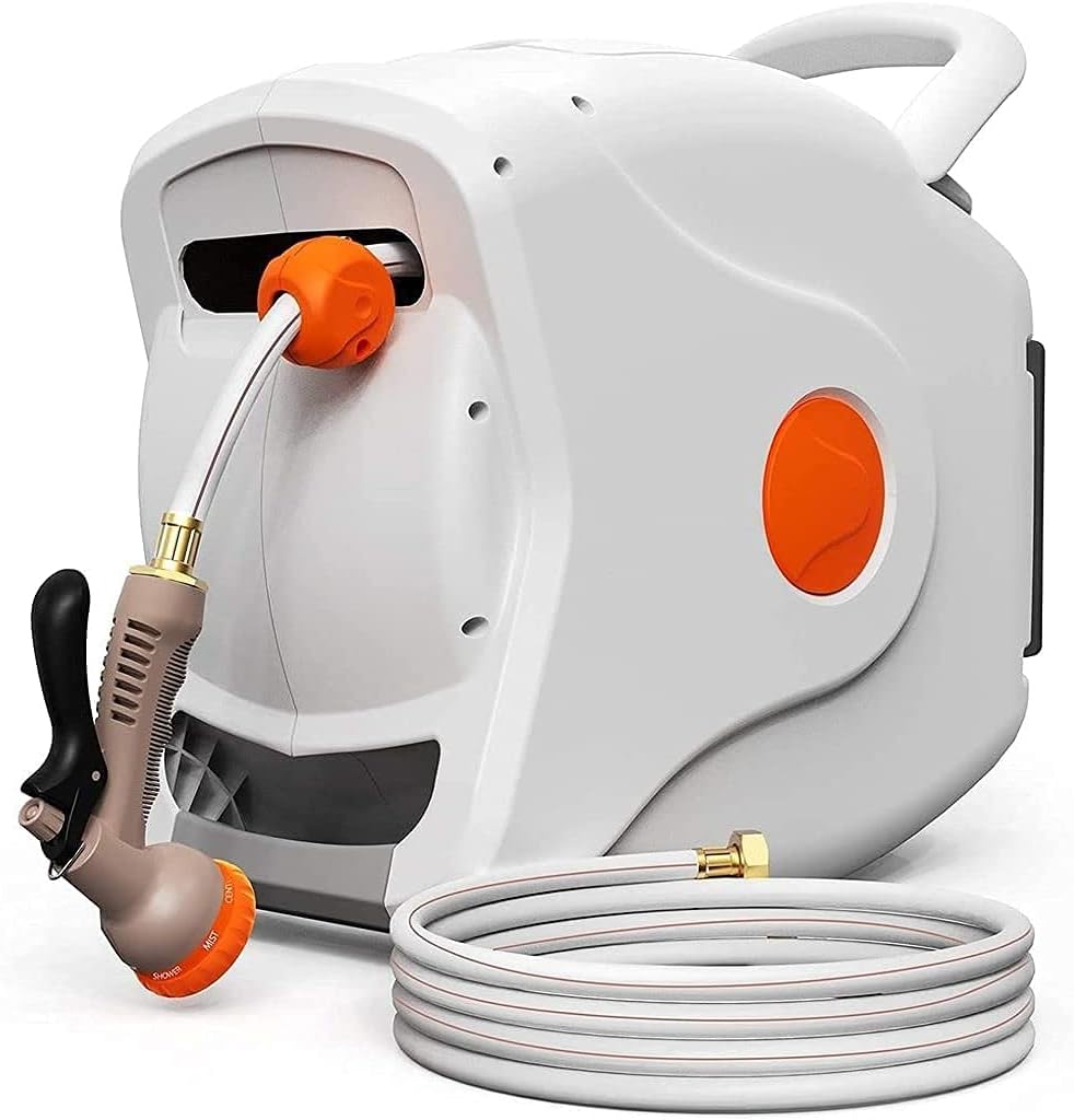 100 FT 1/2 Automatic Rewind Wall Mounted Hose Reel with 8 Patterns Hose Nozzles B42954