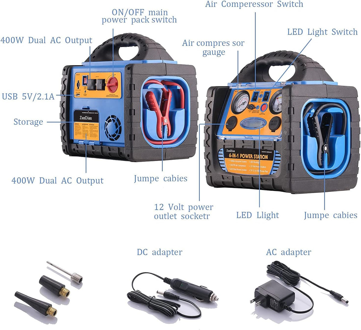 1400 Amp Battery Jump Starter with Air Compressor Car Tire Inflator, 110V 400W Power Inverter USB DC AC Outlet, 12V Emergency Auto Battery Booster Pack P157967