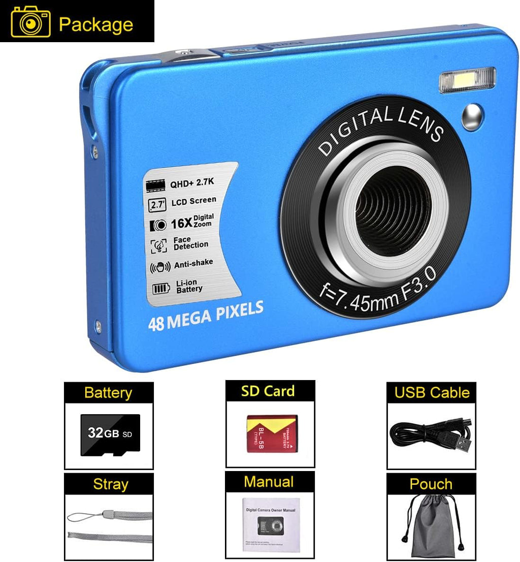 48MP Compact Digital Camera with 16X Digital Zoom, Blue, Pack of 2 Y8746
