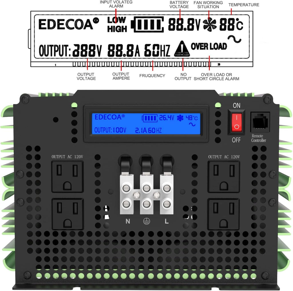 3500 Watt 24V Pure Sine Wave Power Inverter DC 24V to 120V 110V AC with LCD AC Terminal Block T150