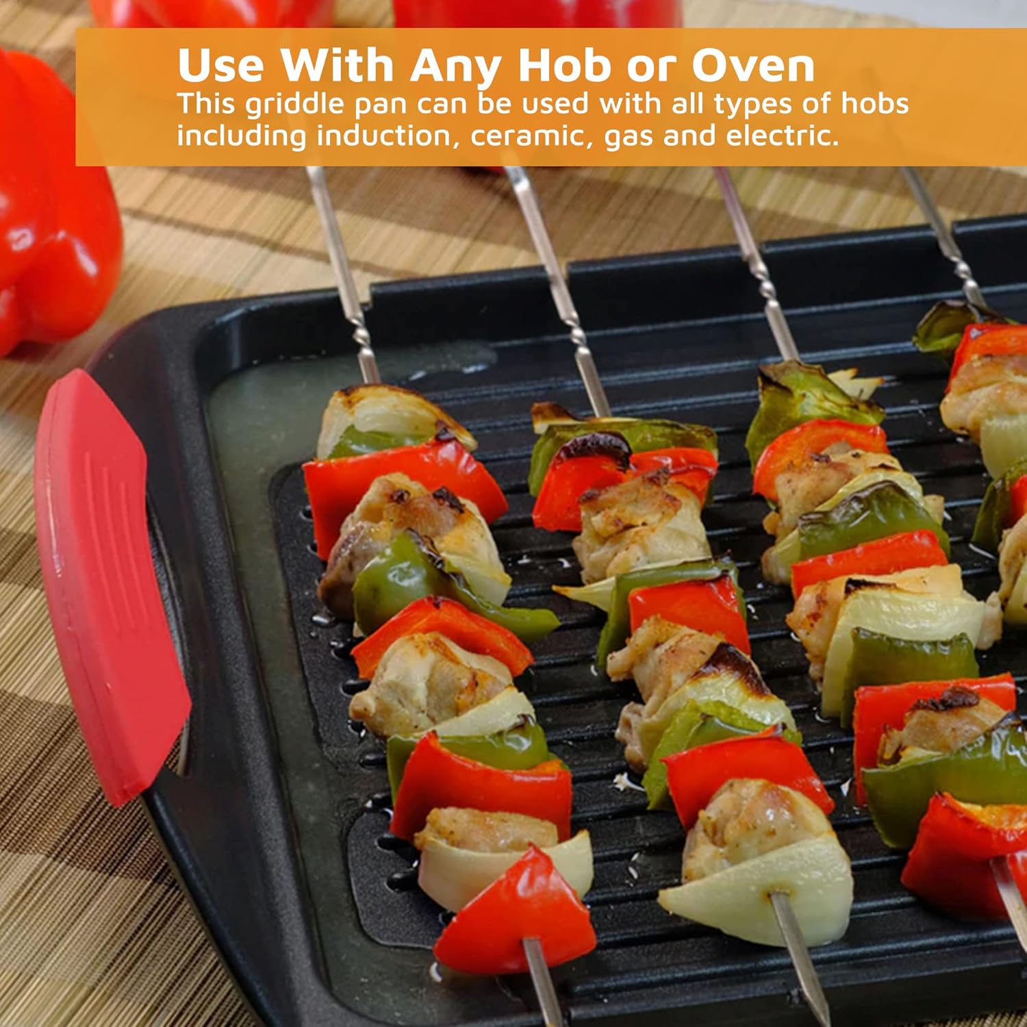 Cast Aluminium Griddle Plate for Stove Top & 6 Stainless Steel Skewers, Pack of 2 G5452