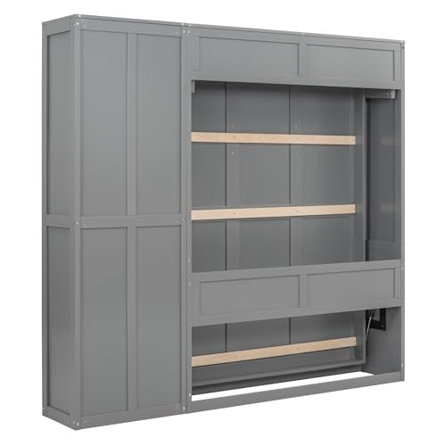 Full Size Murphy Bed with Storage Shelves, Drawers and LED Lights, White G741