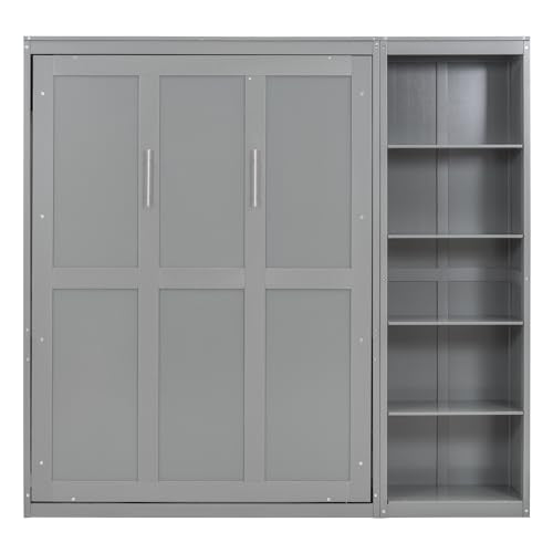 Full Size Murphy Bed with Storage Shelves, Drawers and LED Lights, White G741