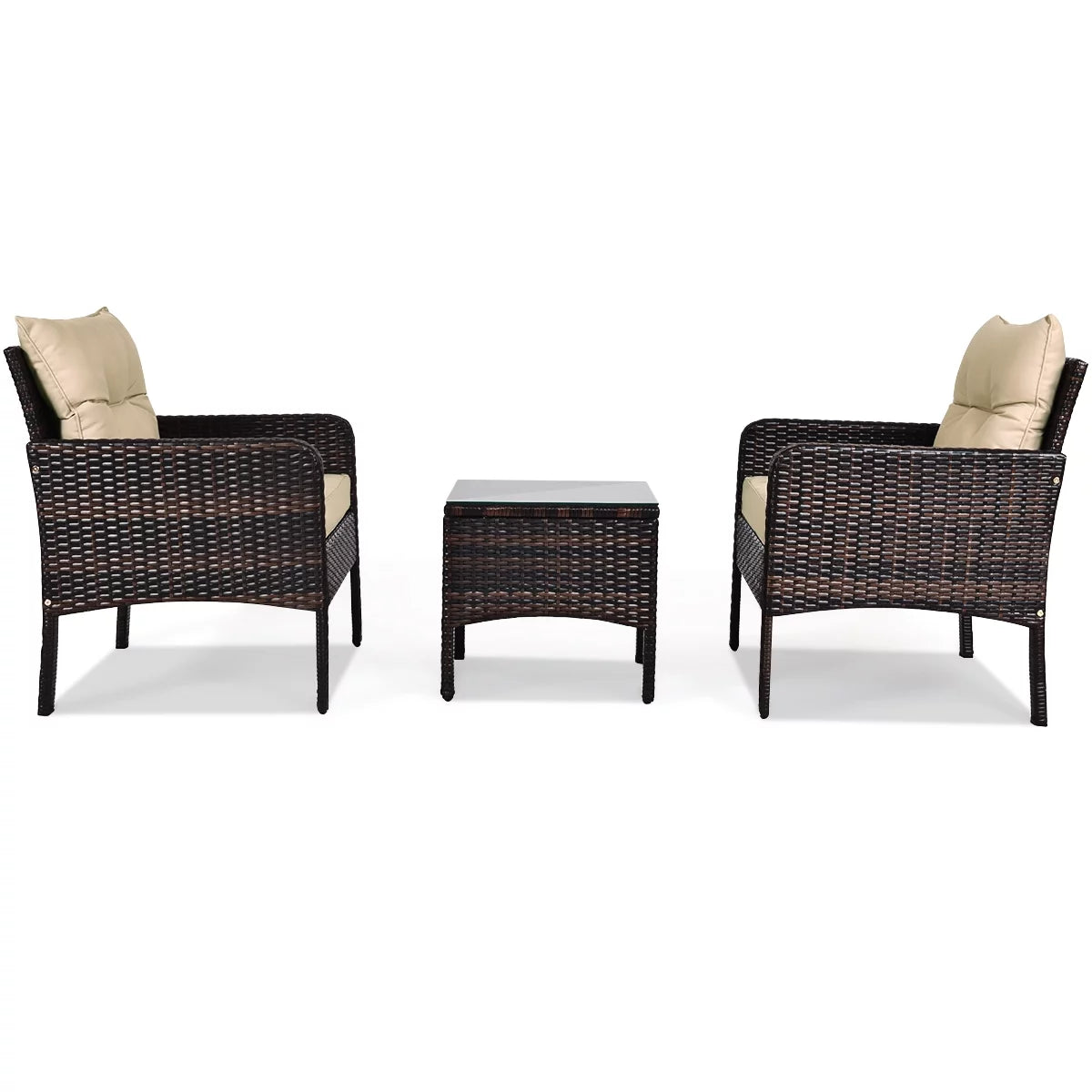 Brown 3PCS Patio Outdoor Rattan Furniture Set with Cushioned Chairs Coffee Table V26418