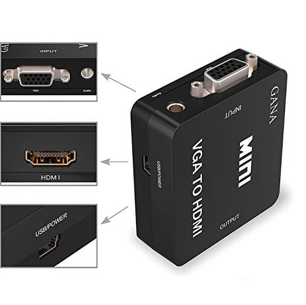 Black VGA to HDMI Audio Video Converter Adapter Box with USB Cable and 3.5mm Audio Port P1174