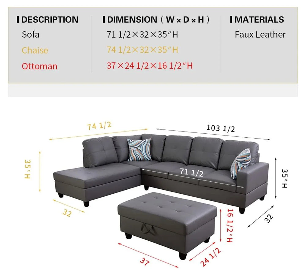 Dark Grey Faux Leather Sectional with Ottoman N961