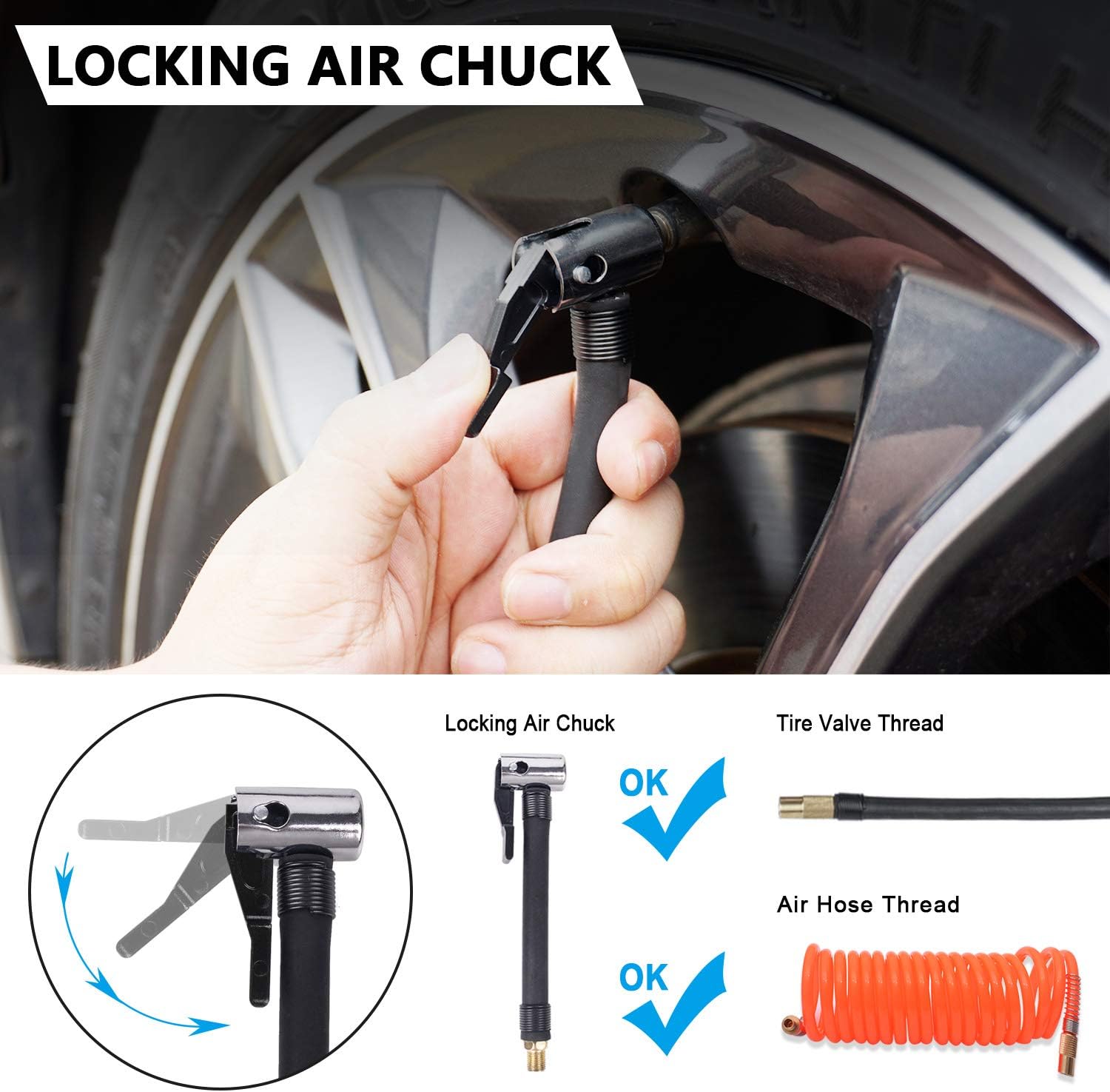 Portable Tire Inflator Double Cylinder Air Compressor Pump with LED Light, 12V, 150 PSI, Metal, Locking Air Chuck, Pack of 2 Y79663