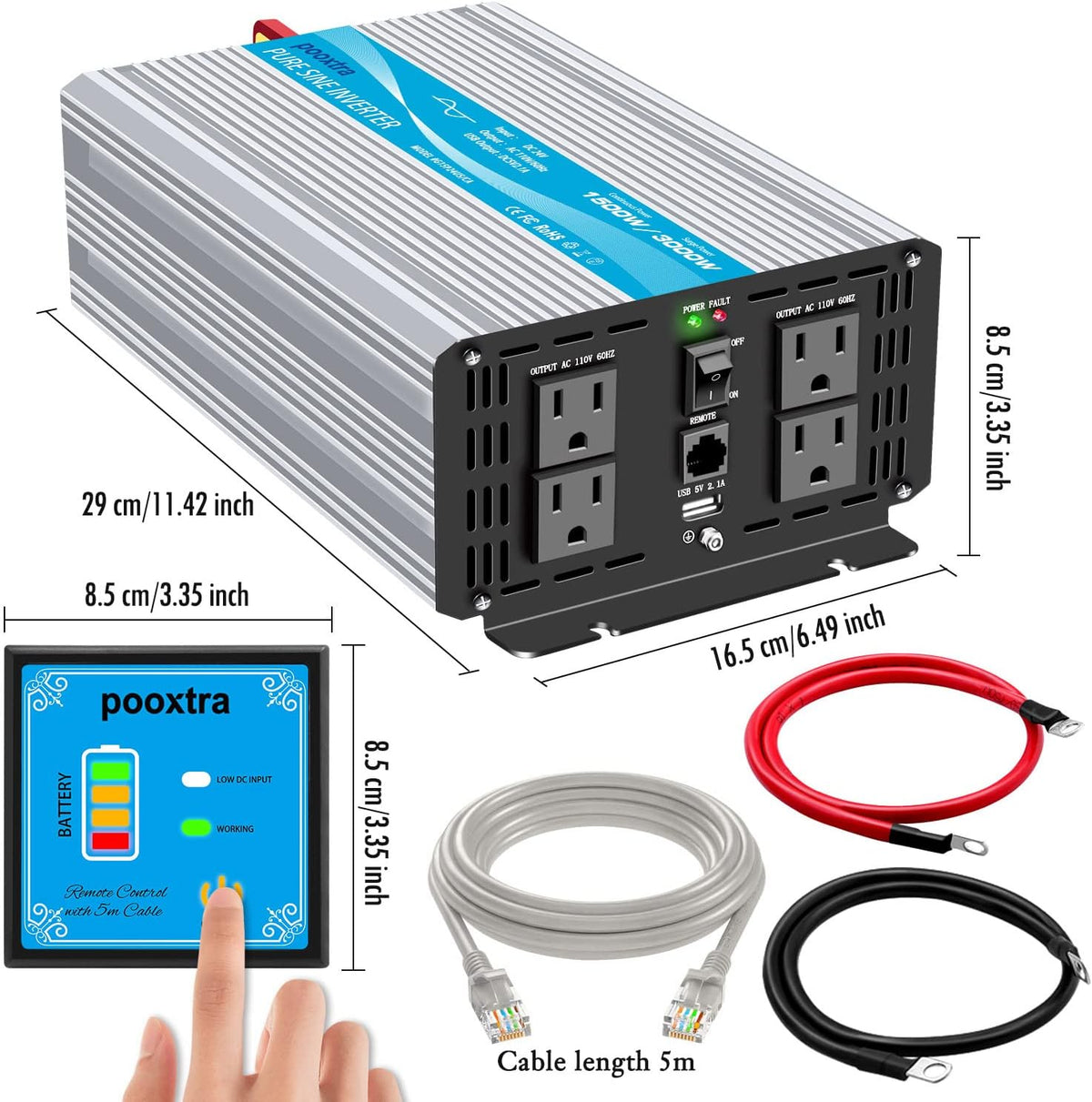 1500 Watt Pure Sine Wave Power Inverter DC 24V to 110V with 4 AC Outlets and 2.1A USB Ports M47439
