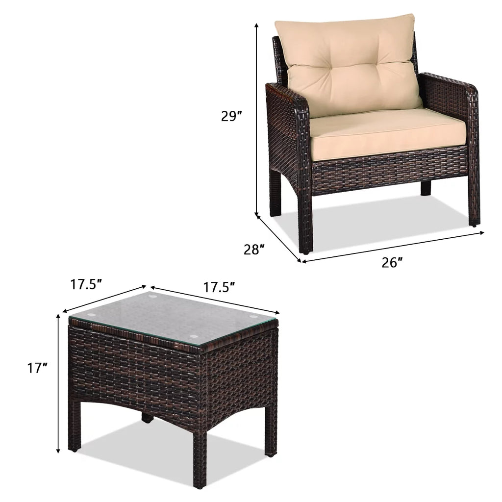 Brown 3PCS Patio Outdoor Rattan Furniture Set with Cushioned Chairs Coffee Table V26418