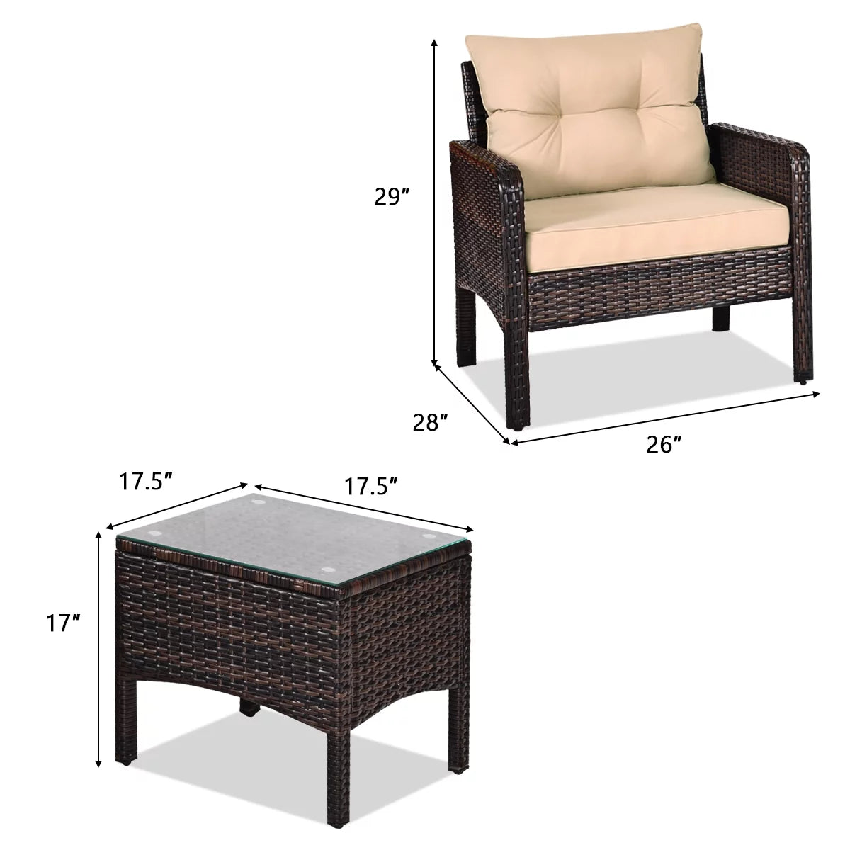 Brown 3PCS Patio Outdoor Rattan Furniture Set with Cushioned Chairs Coffee Table V26418