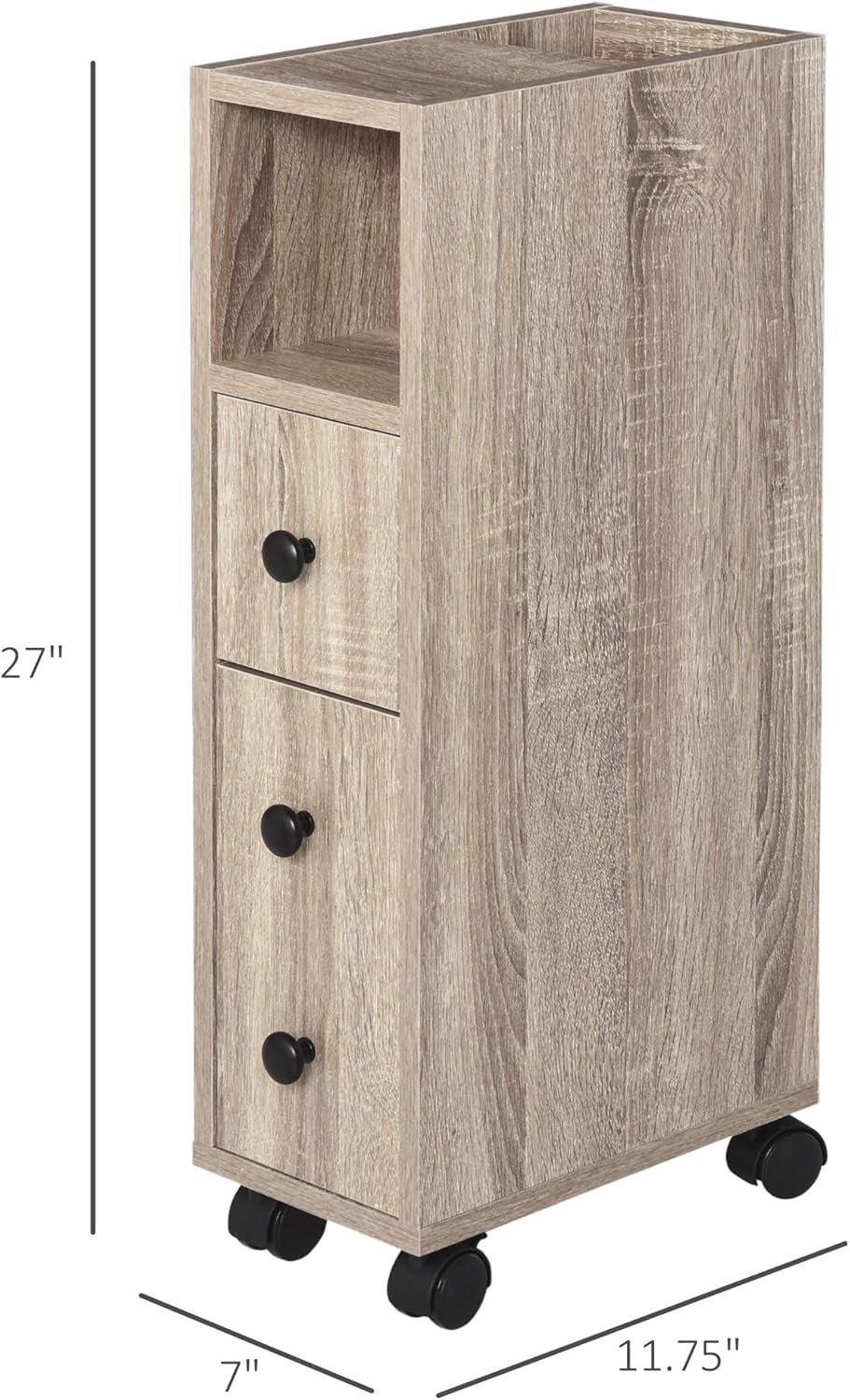 Oak Grain Freestanding Bathroom Cabinet with 2 Open Cabinets, 1 Door Cabinet, 1 Drawer and 4 Rolling Wheels S69703
