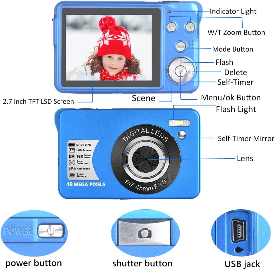 48MP Compact Digital Camera with 16X Digital Zoom, Blue, Pack of 2 Y8746