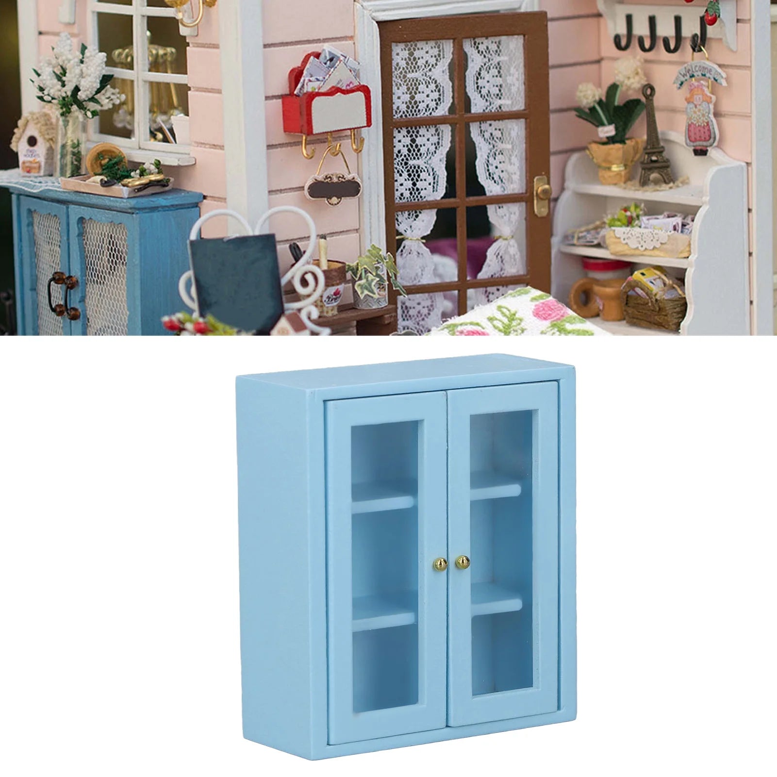 Blue Wooden Dollhouse Wall Cabinet L2137