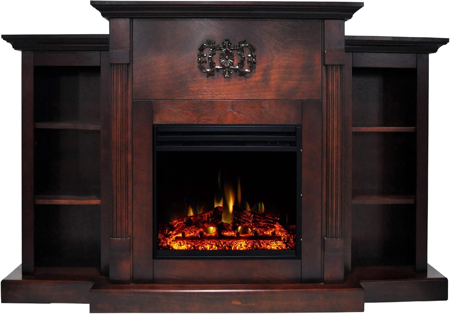 Electric Fireplace with Mahogany Mantel and Bookshelves Z8998