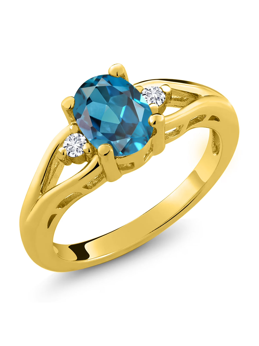 18K Yellow Gold Plated Silver London Blue Topaz and White Lab Grown Diamond 3 Stone Engagement Ring C50225