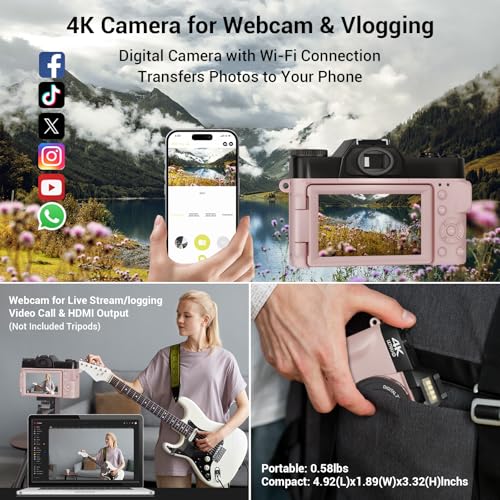 56MP 16X Digital Zoom WiFi 3'' 180° Flip Screen Compact Camera with 2 Batteries 64GB Micro SD Card (Black) T911