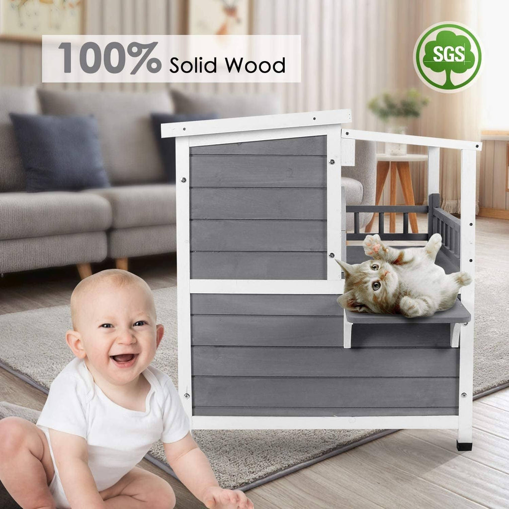 2-Story Weatherproof Wooden Cat Shelter House with Transparent PVC Canopy M53014